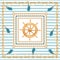 Abstract geometric pattern with golden chains, rope, tassels, ship wheel and marine stripes.