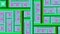 Abstract geometric pattern made out of square and rectangular grid with decorative spirals, all in glowing green,pink,blue