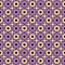 Abstract geometric seamless background with repeating circles and four pointed stars in lilac, black and yellow