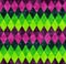 Abstract geometric seamless harlequin pattern from rows of rhombuses in green, pink and purple