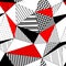 Abstract geometric striped triangles seamless pattern in black white and red, vector