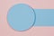 Abstract geometric texture background of pastel pink, light blue color paper. Minimal azure circle and blank line. Top