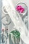 Abstract glass decor, exotic vibrant magenta flowers. Monstera leaves, orchid flowers, petri dishes and glass balls