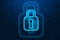 Abstract glowing padlock icon on dark binary code background. Digital protection and security concept.