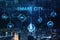 Abstract glowing smart city background with digital hologram and dark night sky. AI and technology concept.