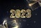 Abstract gold 2023 Happy New Year digital web banner with holiday gift boxes on black background