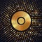 Abstract gold halftone circle background with Golden vinyl disc on . Music disco party shiny luxury banner