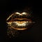 Abstract gold lips. Golden lips closeup. Gold metal art lip. Beautiful makeup.