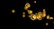 Abstract gold multi particles wave movement tv film transition on black background, golden show animation interval and holiday