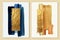Abstract gold wall art diptych. Golden shiny, beige, ivory and blue shades stripes. Watercolor brush strokes.