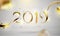 Abstract Golden 2019 New Year background of modern liquid graphic elements. Dynamic banner with flowing shapes