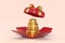 Abstract Golden Cake in Opened Red Gift Box with Golden Ribbon. 3d Rendering