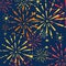 Abstract golden and red fireworks explosions. Flat vector illustration on night sky background. Place for text