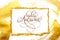Abstract golden smears and tag with paper on white background with text Hello Autumn