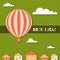 Abstract Good Luck Card With Hot Air Balloon, Clouds, Houses And Three Leaf Clovers Pattern Background