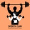 Abstract graphic illustration with silhouettes of man with barbell and woman with dumbbell as a design for logo