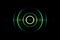 Abstract green circle effect with light blue rings sound waves oscillating on black background