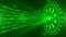 Abstract green technology background - rays of binary code centered into HUD elements on background with blurred squares
