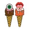 Abstract groovy ice cream cone with eye. 70s, 80s, 90s vibes funky food sticker. Retro dessert vector illustration. Vintage