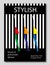 Abstract group of woman withbright skirts on striped background. Fashion magazine cover design