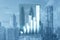Abstract growing business chart tablet outline on blurry city backdrop. Trade, finance and investment concept.