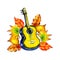 Abstract guitar decorated with autumn leaves. Musical poster. Perfect for greeting cards, wedding invitations, packaging