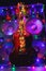 Abstract guitar with festive Christmas lights and music speakers