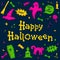 Abstract Halloween background with lettering and grunge cartoon elements.