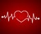 Abstract heart beats, cardiogram. Cardiology dark red background. Pulse of life line forming heart shape. Medical design over red