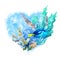 Abstract heart of a blue wate, underwater reef with seaweed, coral, seahorses, starfish, blue tang fish and squid on a white