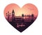 Abstract heart-shaped cityscape of London with the sights at sunset