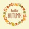 Abstract Hello Autumn Background with Falling Leaves, Rowan and Acorn. Vector Illustration