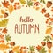 Abstract Hello Autumn Background with Falling Leaves, Rowan and Acorn. Vector Illustration