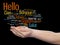 Abstract hello or greeting international word cloud on hands in different languages or multilingual