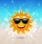 Abstract Hello Summer Background with Cheerful Summer Sun in Sunglasses