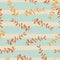 Abstract herbal seamless pattern with random orange eucalyptus shapes. Blue striped background