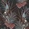 Abstract herbs seamless pattern, various plant and herbs and protea flower in brown blue on black background.