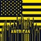 Abstract high-rise towers silhouette with an US flag inspired backdrop and text saying AMERICAN