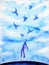 Abstract human flying birds spiritual mind in blue cloud sky