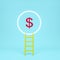 Abstract Idea yellow stair to hollow light red dollars curency in blue background. Minimal concept.Idea.Flat lay. 3d rendering