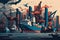 Abstract illustration of a busy seaport with cargo ships, cranes, and cargo containers against a city skyline