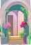 An Abstract Illustration of a Colorful Large Arched Doorway With Blooming Plants