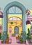 An Abstract Illustration of a Colorful Market with an Large Arched Doorway and Blooming Plants