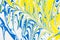 Abstract illustration of a combination of blue and yellow colors on a white based, chaotic pattern of straight and sinuous lines