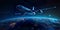 Abstract illustration features a futuristic airplane soaring above the Earth\\\'s serene blue expanse.