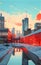 Abstract Illustration of Frosty City View in Winter with Pool in Vibrant Color