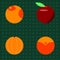 Abstract illustration of fruits (peach, tangerine, apple) on a green dot background