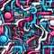 Abstract illustration of interconnected pipes on a blue and pink background with hidden details