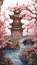 Abstract illustration of japanese park with cherry blossoms AI Generated