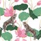 Abstract illustration of a leopard animal on a white background of pink lotuses with leaves.